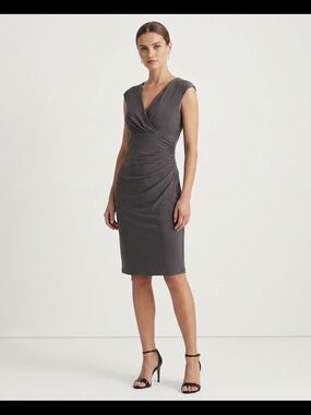 Lauren Ralph Lauren Ruched Faux-Wrap Dress Size 8 — Charcoal Grey